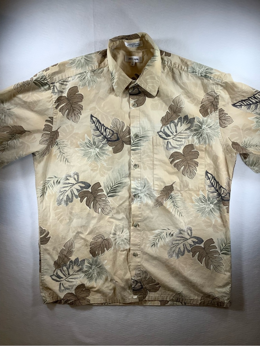 Pierre Cardin Beige Tropical Print Short Sleeve Button-Down Shirt